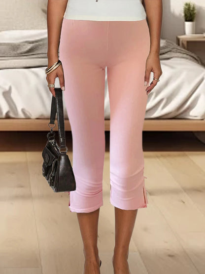 Women Capri Pants Solid Color Bow Decor Summer Casual Cropped Pants Stretch Crop Leggings