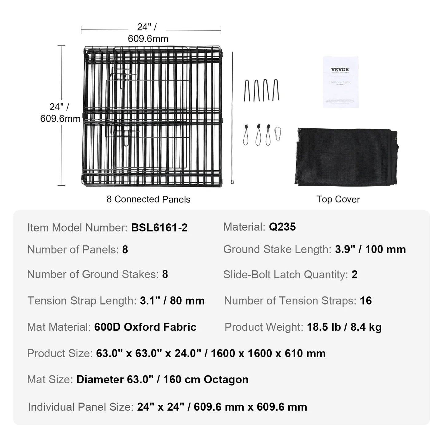 VEVOR Dog Playpen 8 Panels Foldable Metal Dog Exercise Pen Pet Fence with Bottom Pad Cover for Puppy Outdoor Camping Yard Kennel
