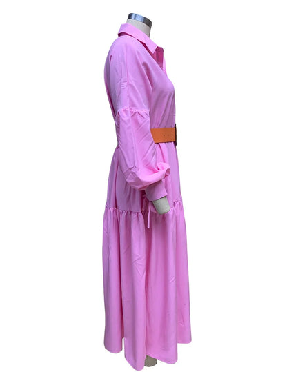 2024 Autumn New Women's Clothing Solid Color Fashionable Temperament Long Sleeved Sleeve Lace Up Casual Mid Length Lapel Dress