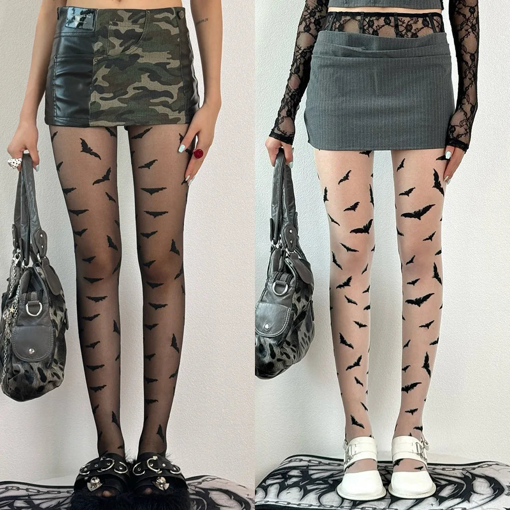 Halloween bat pattern tights for women featuring a playful bat design for spooky style