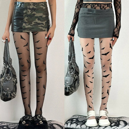 Halloween bat pattern tights for women featuring a playful bat design for spooky style