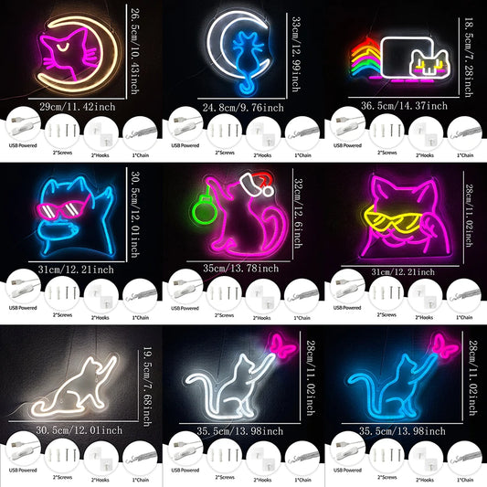 Cool Cat with Glasses Neon Sign for Wall Decor, Moon Cat USB  LED Neon Light Sign for Preppy Room Birthday Party Decoration
