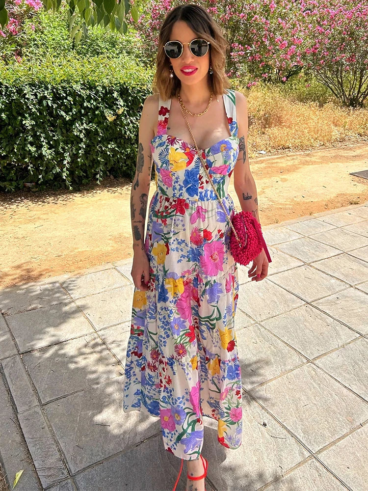 Fashion Flower Slip Midi Dress For Women Summer Backless Sleeveless Holiday Beach Dress Lady Elegant Sweetheart Collar Partywear