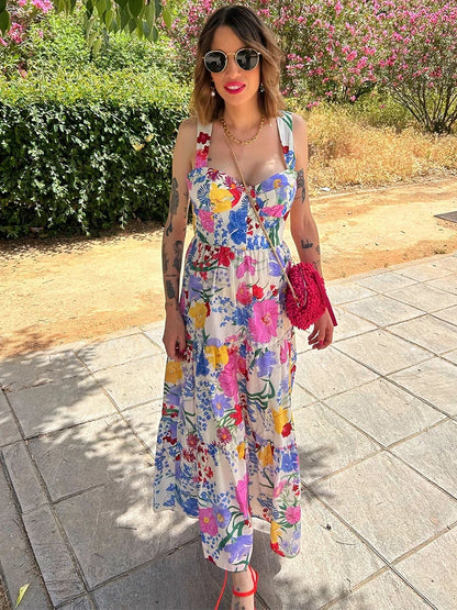 Fashion Flower Slip Midi Dress For Women Summer Backless Sleeveless Holiday Beach Dress Lady Elegant Sweetheart Collar Partywear