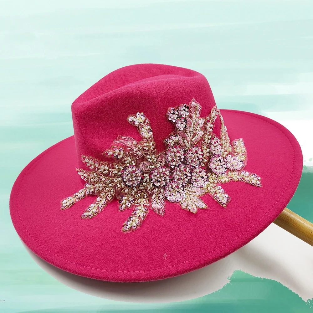 Embroidered three-dimensional flower fedora hat Women's jazz top hat Spring and autumn panama church fashion elegant wedding Hat