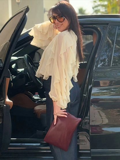 Spring Solid Ruffle Blouse Women 2025 New V Neck Single Breasted Long Sleeve Blouses Vintage Fashion Casual Shirt Tops Female