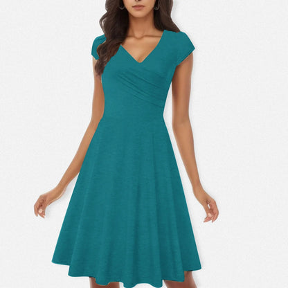 Female Solid Dress Knee-Length Short Sleeve Summer Empire Pleated Dresses A-line V-neck Simple Laides Casual Club Party Dress