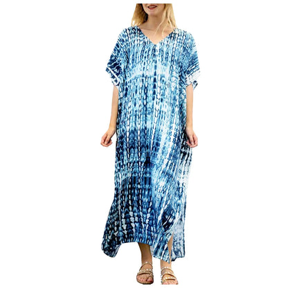 Womens Plus Size Kaftans Casual V Neck Puff Sleeve Boho Loose Floral Long Soft Beach Maxi Summer Swing Party Dresses For Women