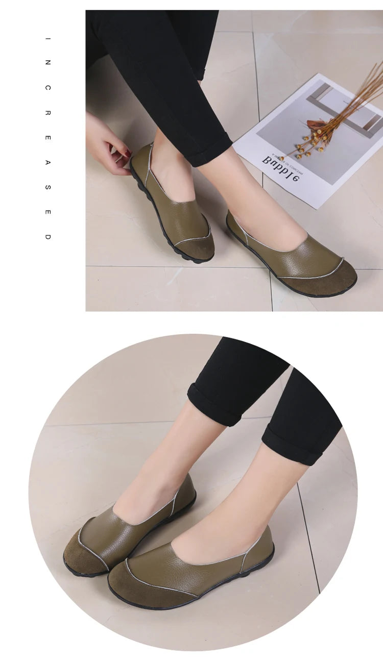 Women's shoes casual flat walking low heel loafers leather solid color large size casual single shoe work shoes44