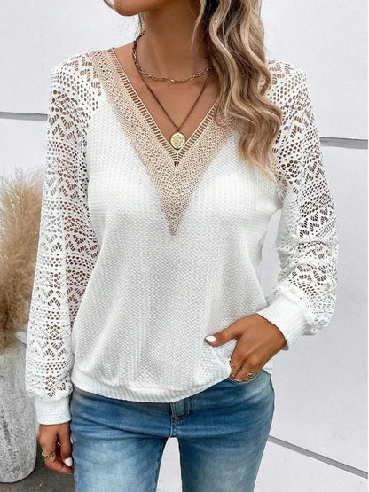 New Fashion Lace Splice Long Sleeve Women's Shirts Casual Loose V Neck Hollow Out Women Blouses Office Lady White Tops