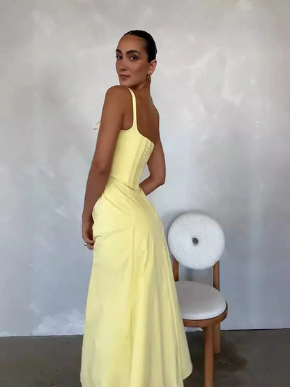 Boho Inspired yellow cotton midi dress women corset sexy summer dress fish boned slim fit strapless elegant party dresses ladies