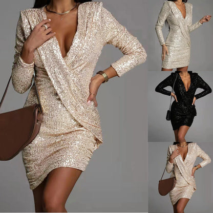 Sexy Silver Glitter Dresses for Women Deep V-Neck Sequin Mini Bodycon Dress Autumn Winter Long Sleeve Party Dress Vestidos