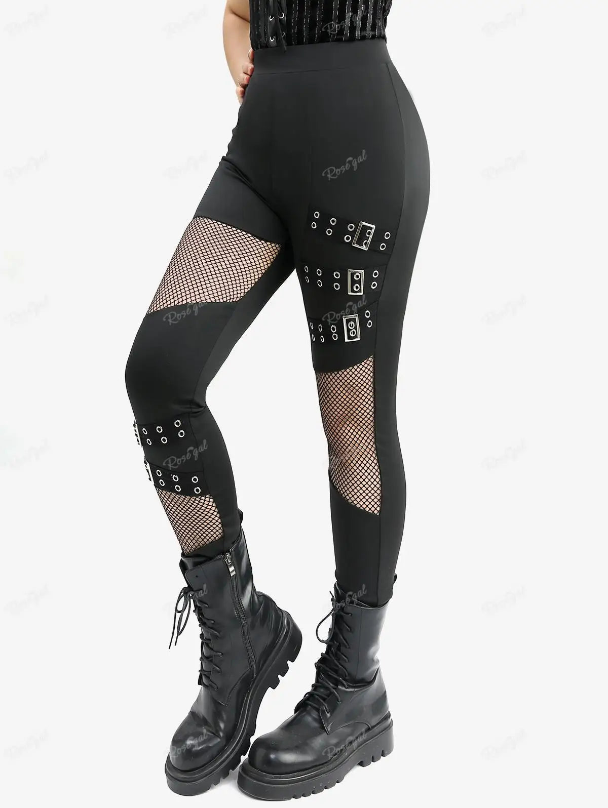 ROSEGAL Plus Size Women Elastic Waist Pants Black Gothic Fishnet Hollow Out Patchwork Buckle Grommet Skinny Pant Bottoms
