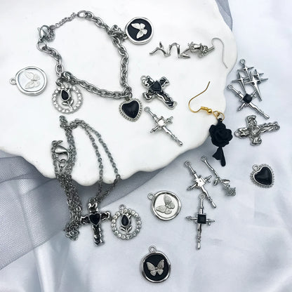 5Pcs Metal Alloy Charms Black Series Sweet and Cool Style Butterfly Cross Flower Shape Pendants Decorations For Jewelry Making