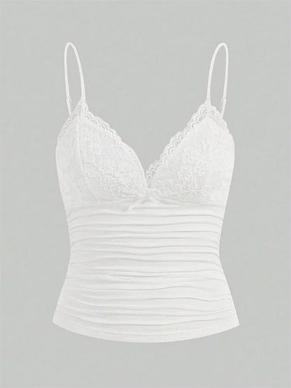 Sexy Contrast Lace Bow Front Crop Cami Top Women 2025 Summer Grunge Punk Y2K Clothes Ruched Skinny Backless Tee Shirt