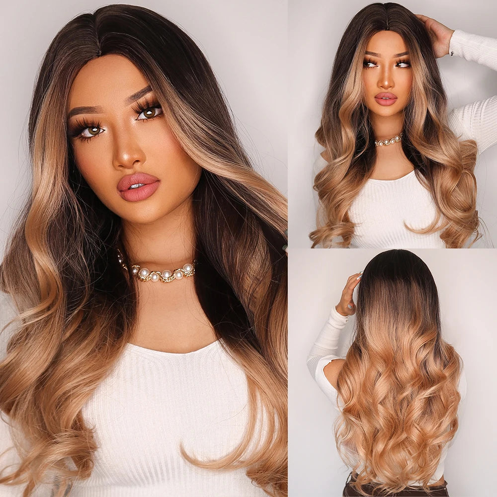Element Medium Length Synthetic Straight Natural Brown Wigs with Side Bangs Heat Resistant Party Wigs for White/Black Women