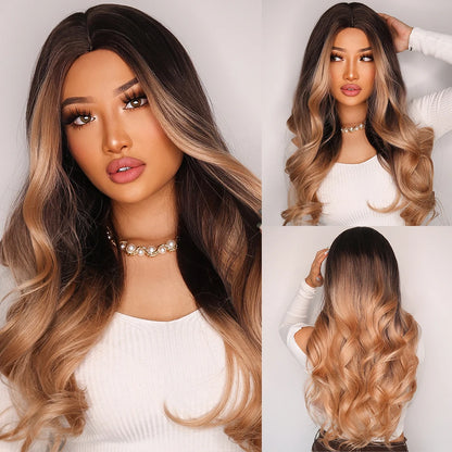 Element Medium Length Synthetic Straight Natural Brown Wigs with Side Bangs Heat Resistant Party Wigs for White/Black Women