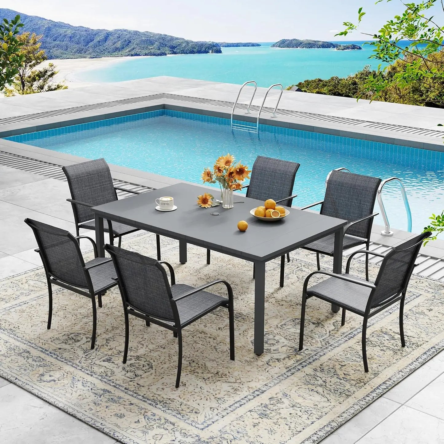 7-piece outdoor patio dining set, sand-shell rectangular metal dining table and 6 sand-shell stackable harness-top dining chairs