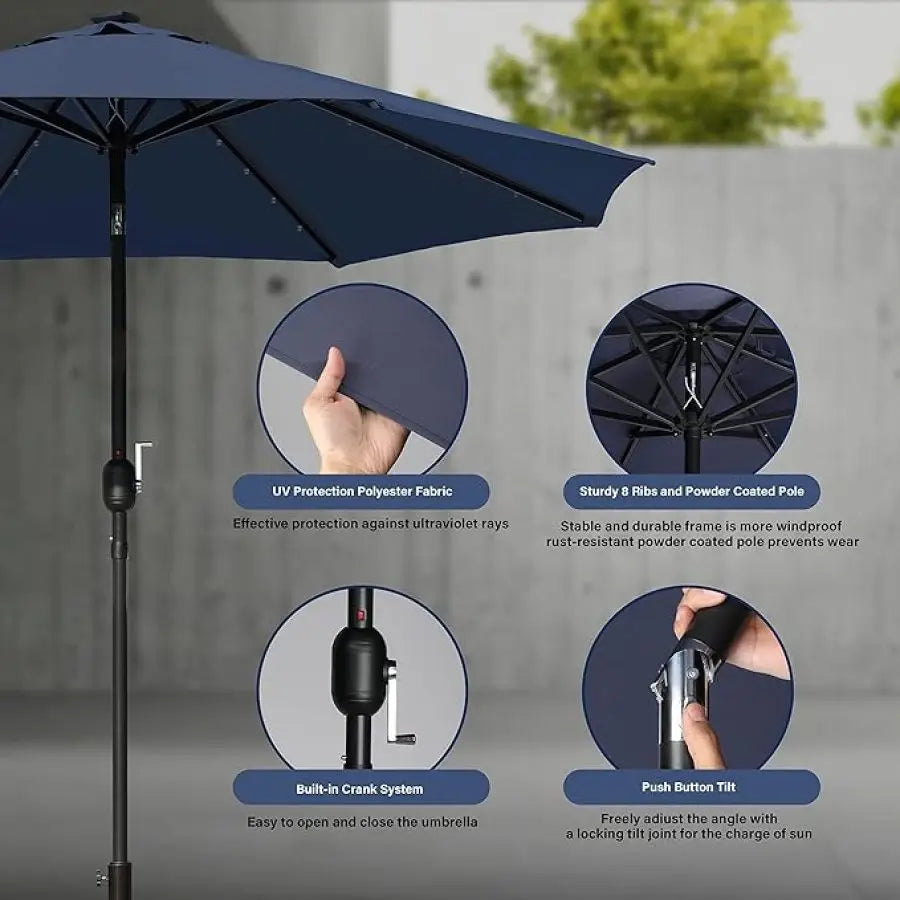 9' Solar Umbrella 32 LED Lighted Patio Umbrella Table Market Umbrella with Push Button Tilt Crank Outdoor Umbrella for Garden D