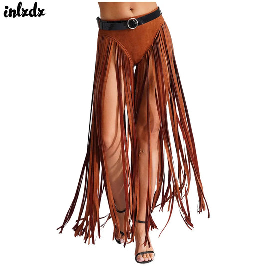 Womens Hippy Cosplay Costume High Waist Suede Underwear with Long Tassels And Belt Halloween Dress Up 70s Disco Costume