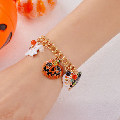 EtherealBe Halloween pumpkin necklace and bracelet set featuring colorful pumpkin charms and gold chain.