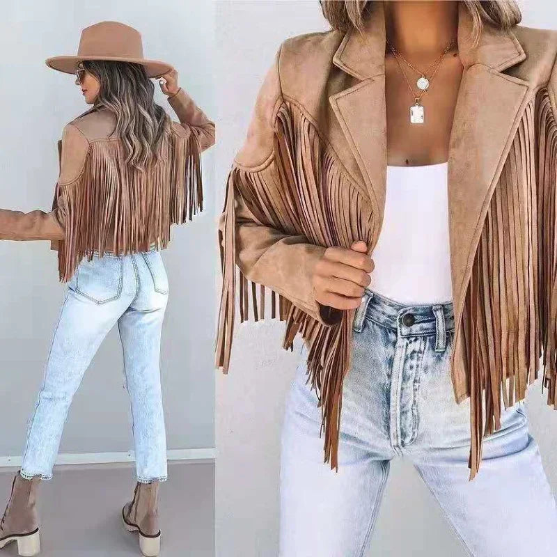 EtherealBe fringe suede jacket with tassels for women featuring a stylish cropped design and layered fringe details
