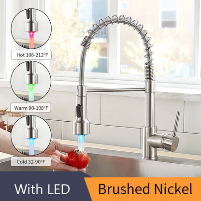 Kitchen Faucets Brush Brass Faucets for Kitchen Sink  Single Lever Pull Down Spring Spout Mixers Tap Hot Cold Water Crane 9009