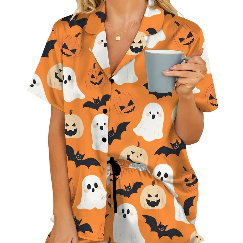 Women Halloween Pajama Set Pumpkin Short Sleeve Button-up Tops Elastic Waist Shorts 2 Piece Sleepwear Outfit