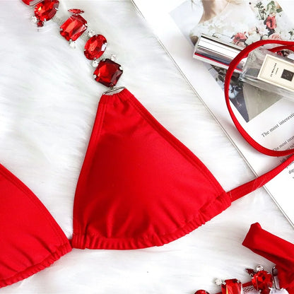 Red Rhinestones Sexy Bikinis 2026 Women Swimwear Female Swimsuit Swim Wear Bathing Suits Brazilian Bikini Set Beach Pool Bather