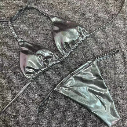 Sexy String Bikini Triangle Swimsuit Goth Silver Y2K Swimwear Women Backless Bathing Suit Micro Extreme Tanga mujer Beach Outfit