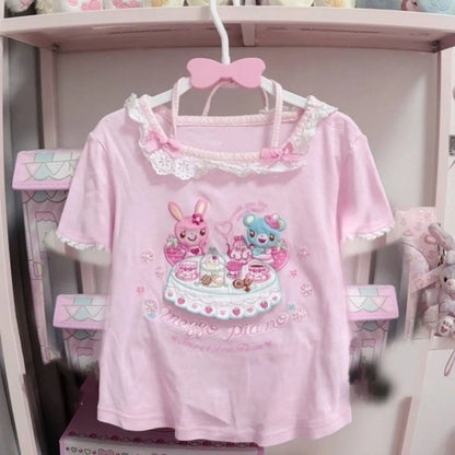 2026 Spring Japanese Cute T-shirts Women Casual Y2k Crop Top Kawaii Blouse and Mini Cake Skirts Outwear Lolita Vintage Tees Chic