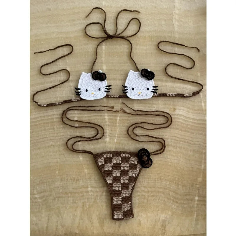 Sanrio Crochet Bikini Set Cute Girls Swimsuits Hello Kitty Sexy Bathing Suit Micro Ties Bikinis Beachwear Women Swimming Suit