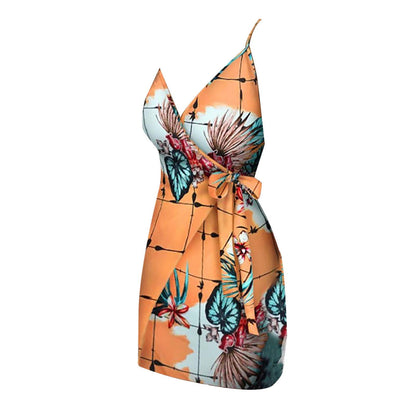 2023 New Sexy Suspender Dress Women Fashion Floral Printing Sleeveless V Neck Robe Summer Boho Tie Waist Dress Formal Dresses