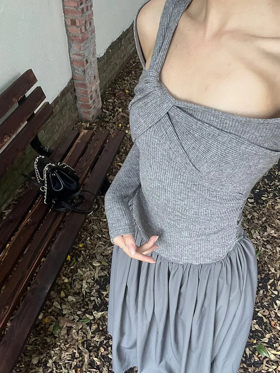 Autumn Skew Collar Halter Aura Dresses Solid Color Female Clothing Folds Stylish Irregular Basic Long Sleeve Spliced Long Dress