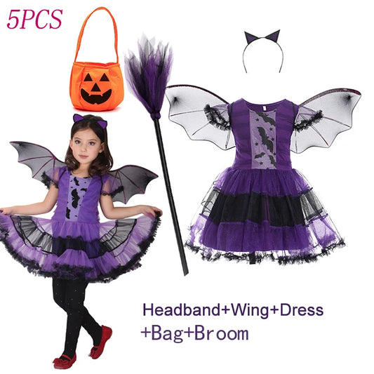 Halloween Witch Vampire Bat Baby Girls Costume Children Cosplay Princess Dresses Dress Up Carnival Party Clothing With Headband