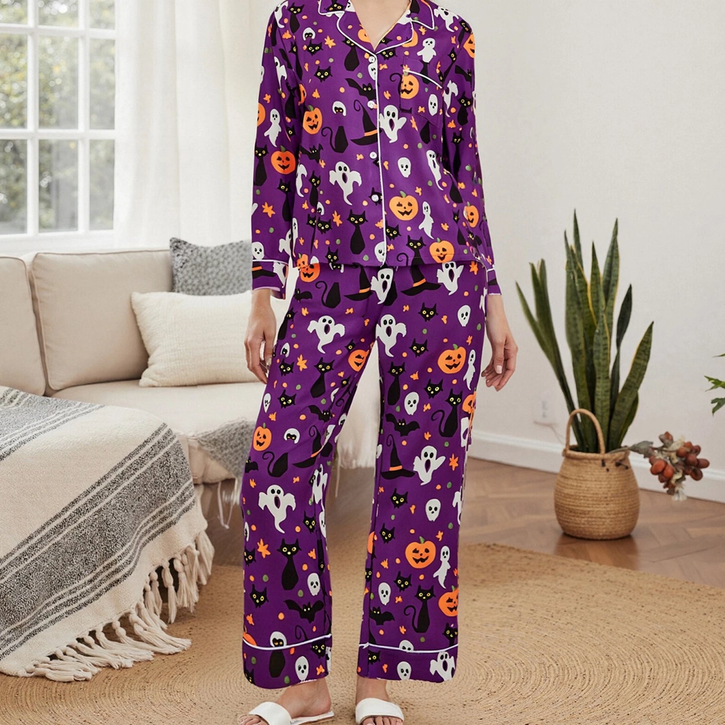 Women Halloween Pajama Set Pumpkin Ghost Long Sleeve Tops + Pants For Nightwear Homewear Casual Wear