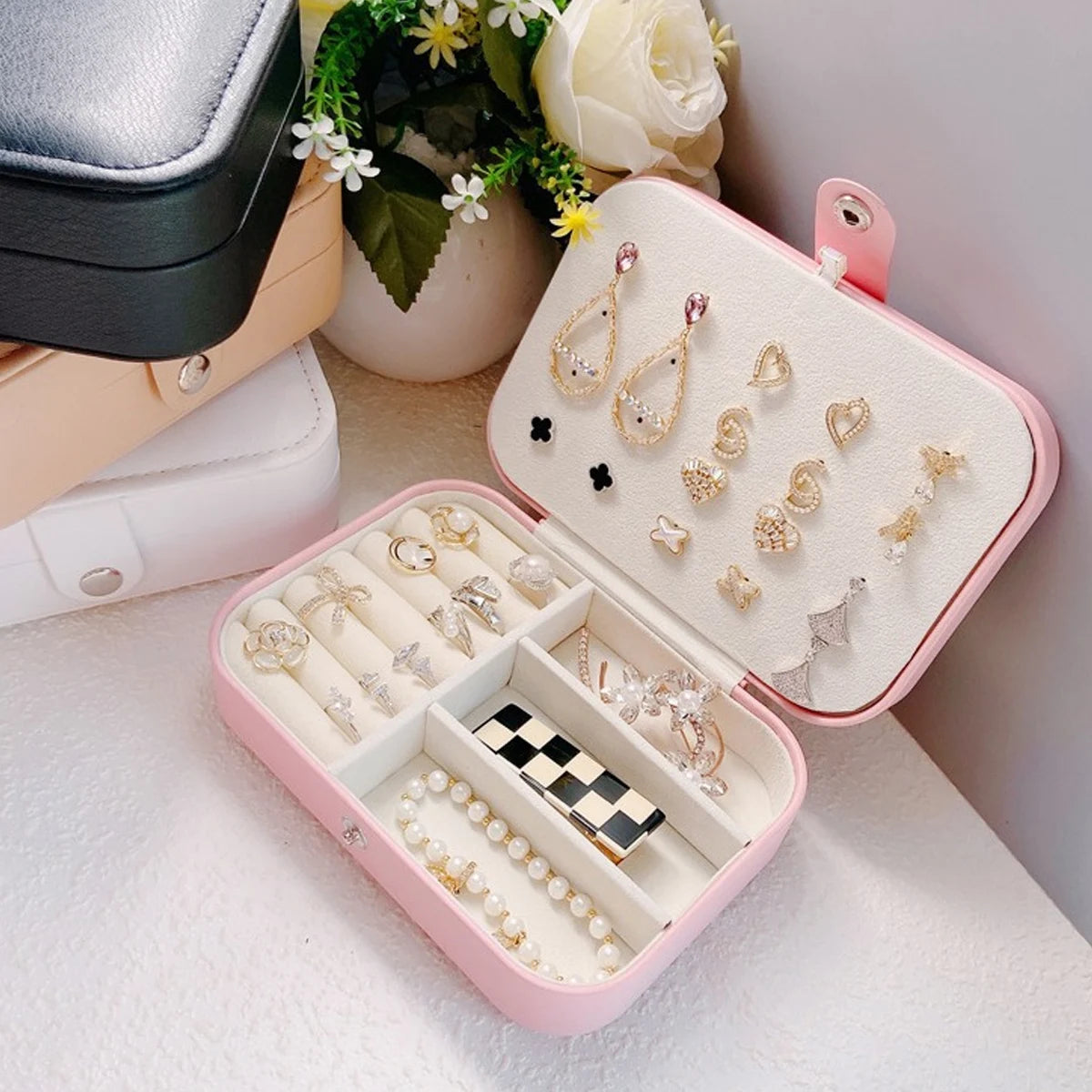 1PC Storage Box PU Jewelry  Anti-oxidation Necklace Ear Ring Ear Stud Pendant Jewelry Box Large Capacity Portable Jewelry Box