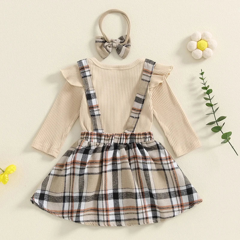 Baby Girls 3Pcs Fall Outfits Long Sleeve Romper + Bear Suspender Skirt + Headband Set Newborn Clothes