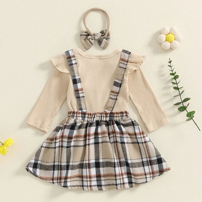 Baby Girls 3Pcs Fall Outfits Long Sleeve Romper + Bear Suspender Skirt + Headband Set Newborn Clothes