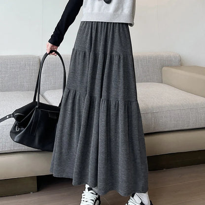 Autumn Casual Knit Pleated Skirt for Women Elegant Solid Color A Line Long Skirts Korean Streetwear High Waist Patchwork Skirt