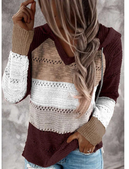 Women Patchwork Hooded Sweater Casual Long Sleeve Knitted Sweater Top Striped Elegant Pullover Jumpers Autumn Winter Plus Size