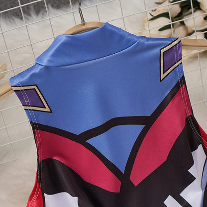 Back view of kawaii cartoon bodysuit costume for women in blue red and black graphic print on hanger