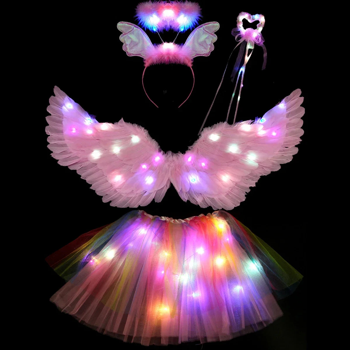 Light up angel costume for girls featuring wings, tutu, and glowing accessories for festive occasions
