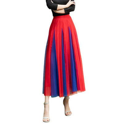Women Color Block A-line Skirt Mid Length Drape Feeling High Waist Slim Mesh Skirts Carnival Festival Party Performance Costume