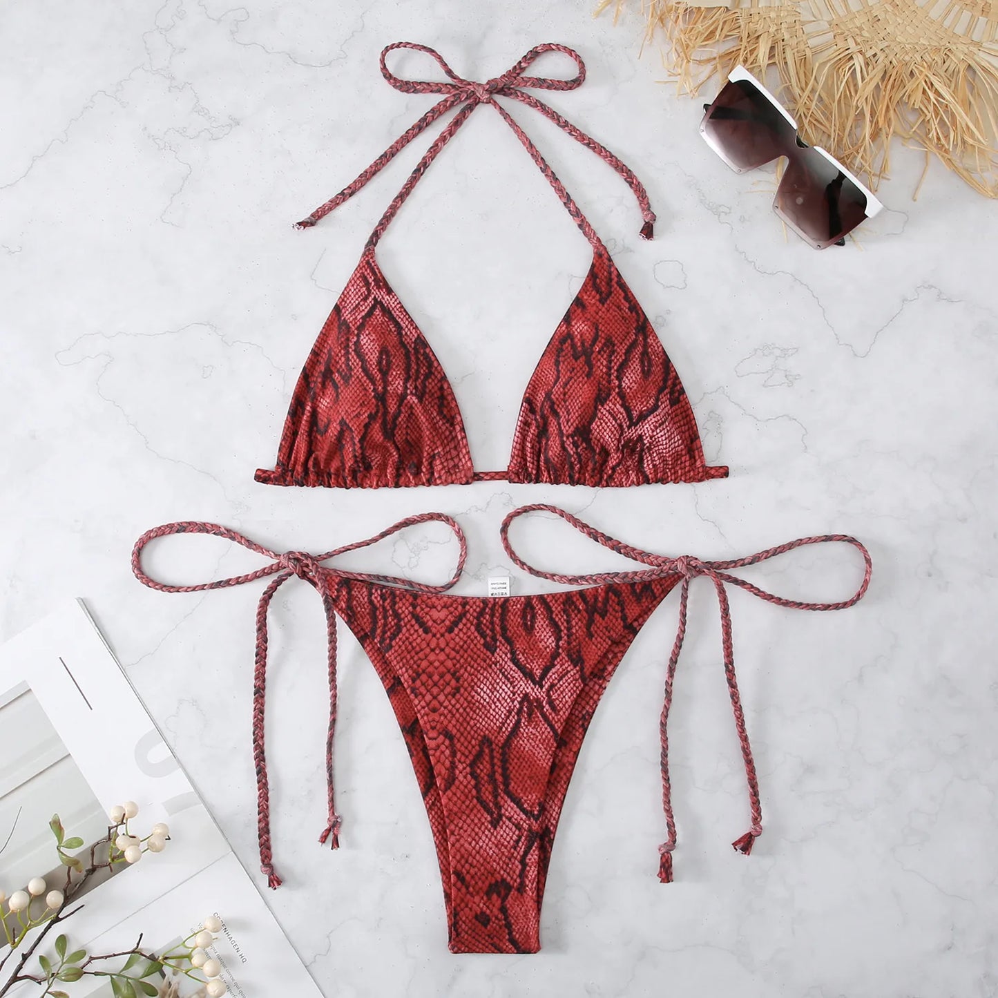 Snake Print 2-piece Swimsuit for Women,2024 New Triangle Bikini,summer Beach Vacation Suspender Backless Lace-up Bathing Suit