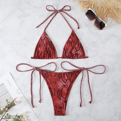 Snake Print 2-piece Swimsuit for Women,2024 New Triangle Bikini,summer Beach Vacation Suspender Backless Lace-up Bathing Suit