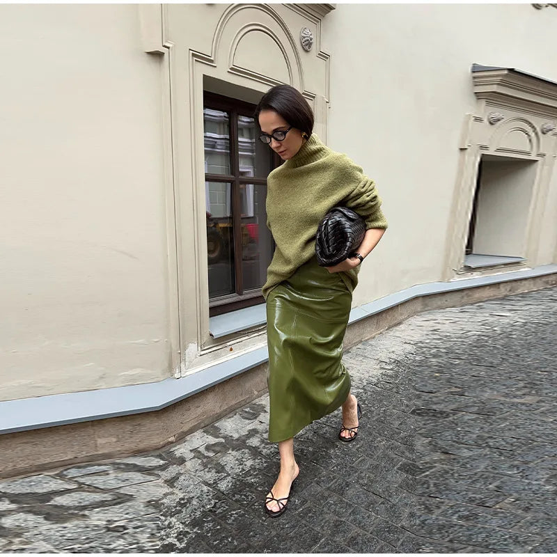 Leather Fashion Jacket Skirt Sets Women Zipper Loose Street Stand Collar Coats Straight Midi Skirts Suits 2025 Autumn Party Chic