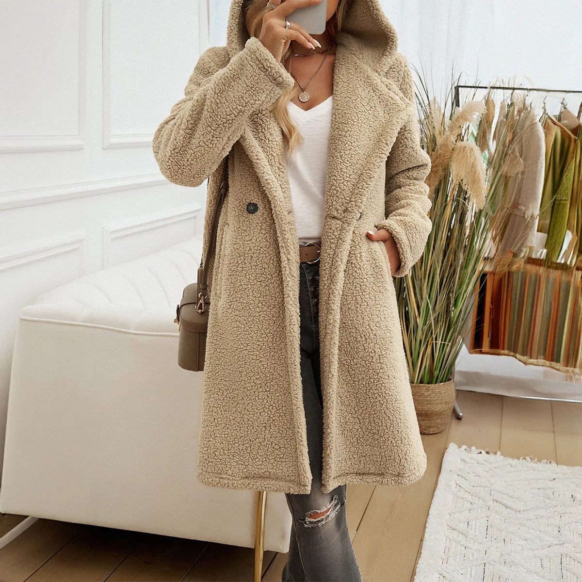 2024 Autumn and Winter Temperament Casual Loose Hooded Knitted Jacket Women's Clothing Пальто Женское