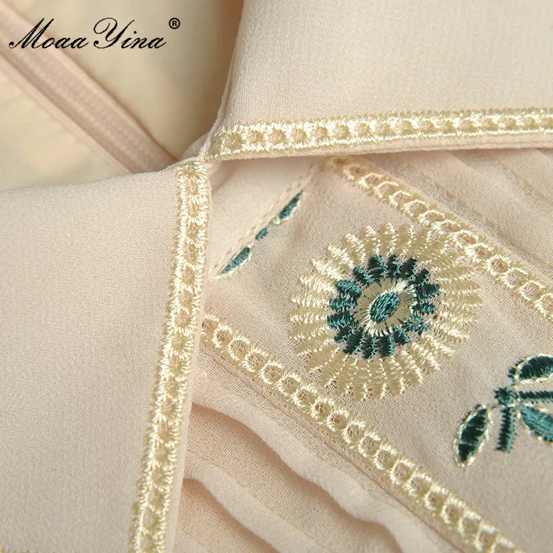 MoaaYina Fashion Designer Spring dress Women's Dress Turn-down Collar Lantern Long Sleeve Flower Embroidery Dresses