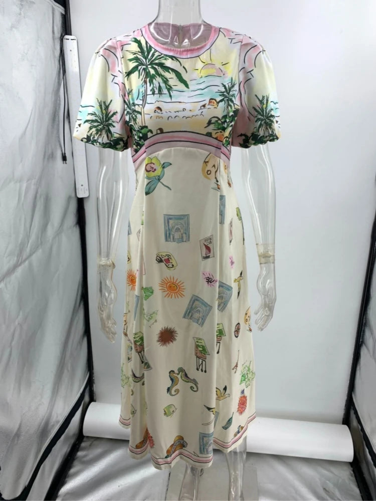 Bohemia Beach Print A-line White Summer Dress Women Casual O-neck Puff Sleeve Midi Dress Holiday Women Outfits Chic Party Dress